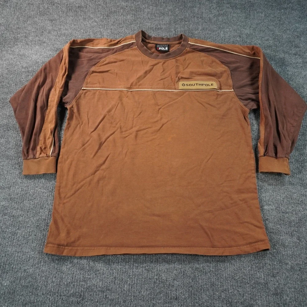 Southpole Long Sleeve Shirt Mens XL Brown Y2K Colorblock Streetwear Logo Patch